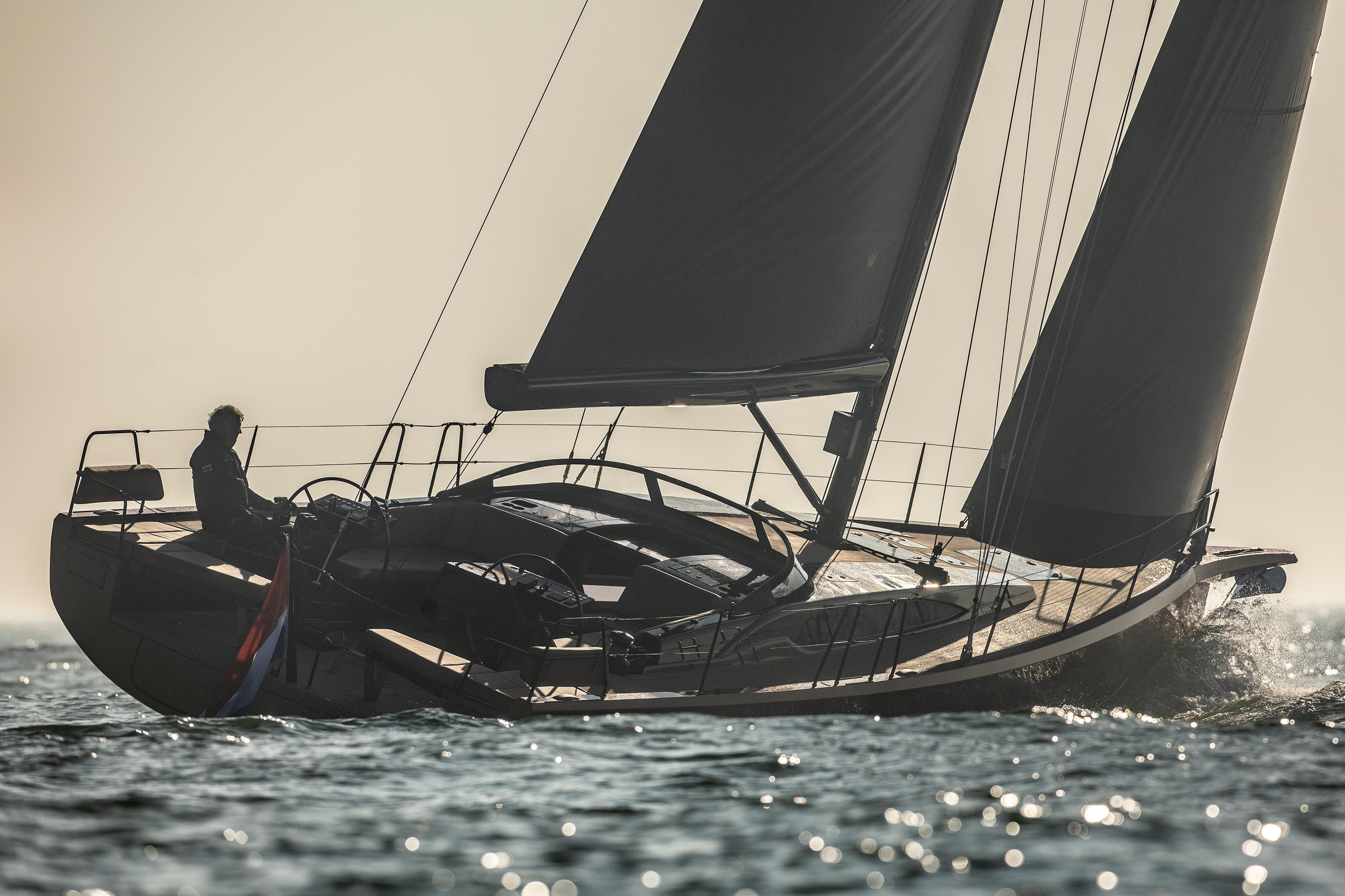 Sailing yacht Saffier SL 46 MED 2027 gliding on open water at sunset.