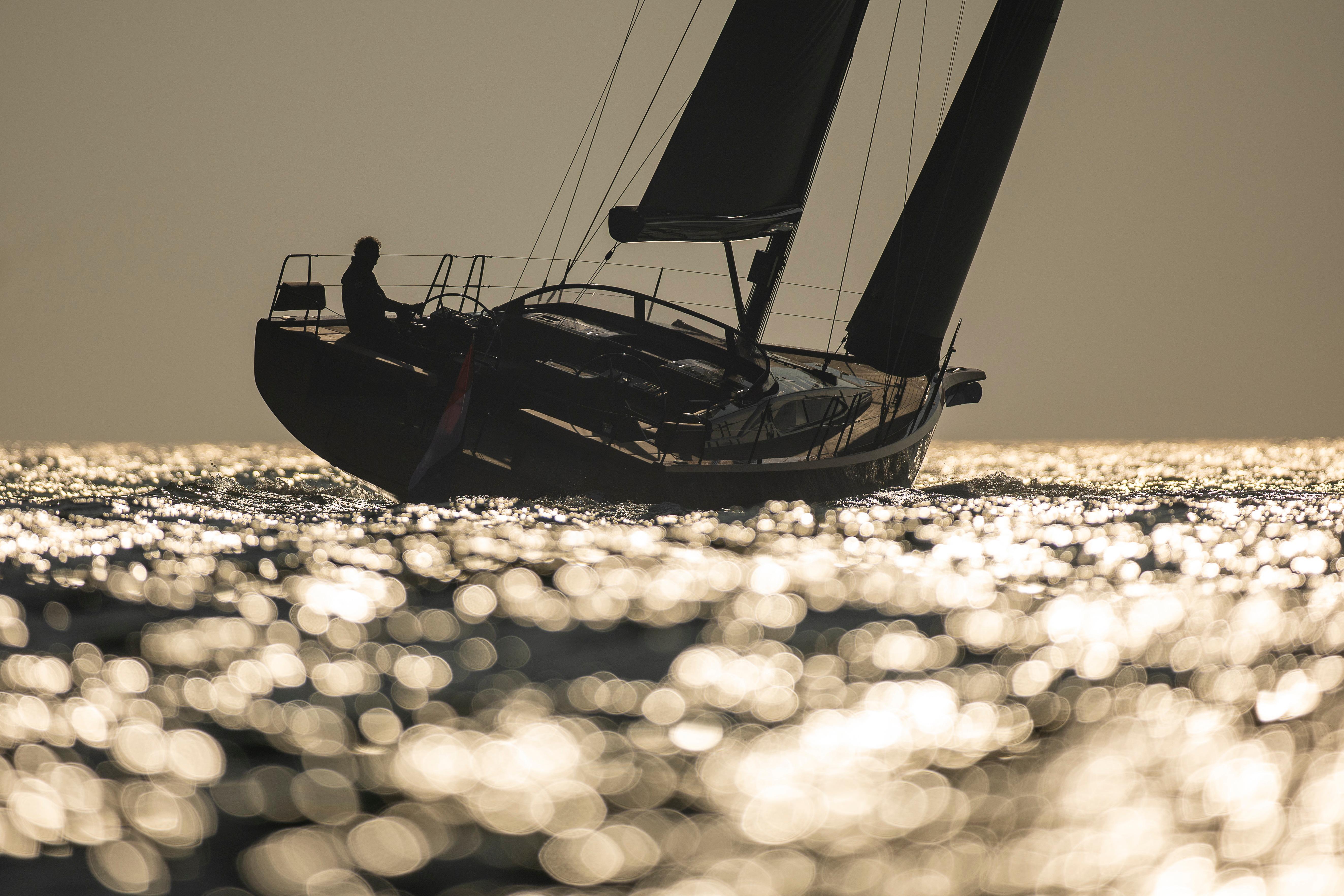 Silhouette of Saffier SL 46 MED yacht sailing at sunset, 2027 model.