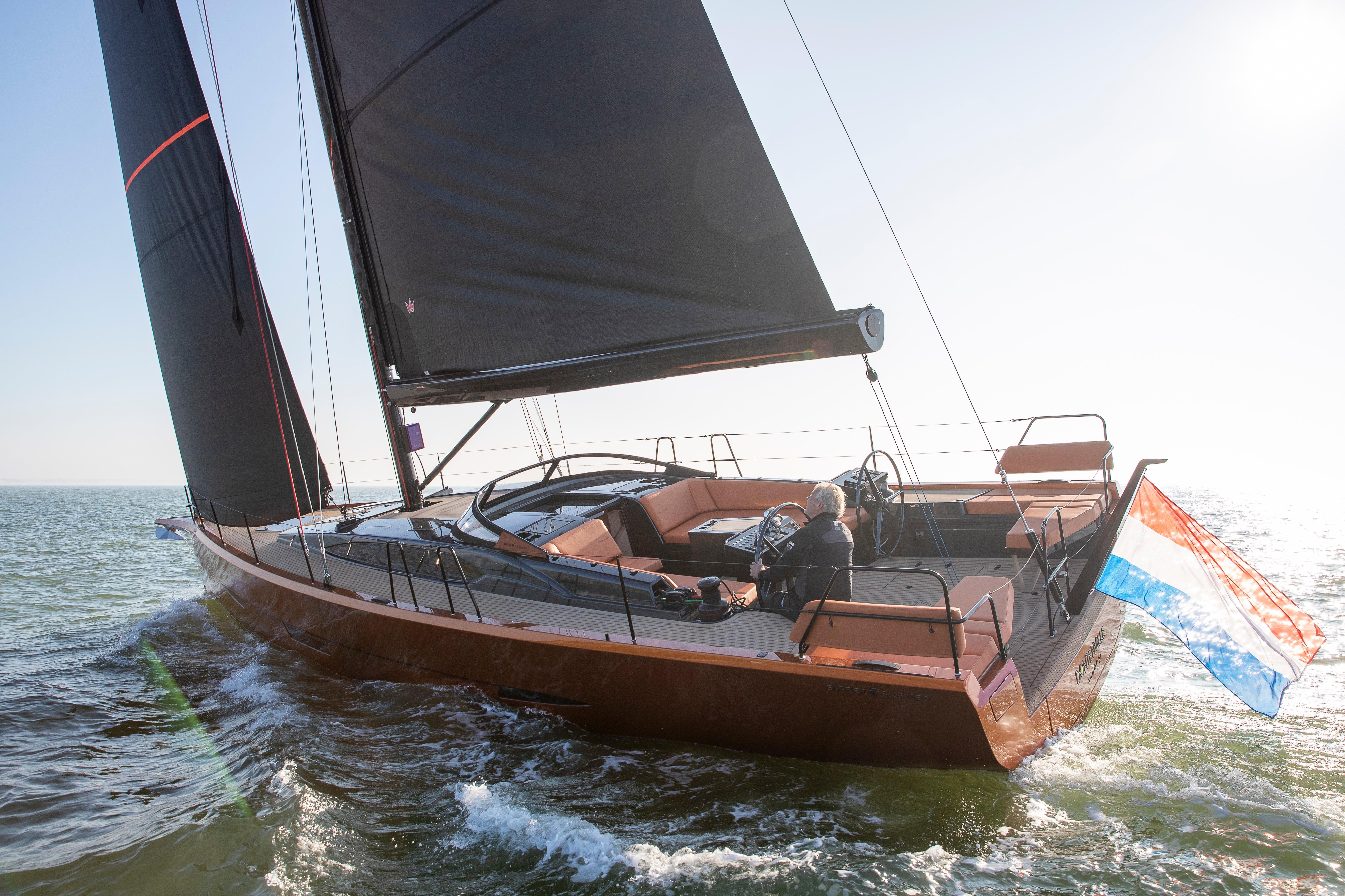2027 Saffier SL 46 MED sailing yacht on open water, featuring sleek design and black sails.