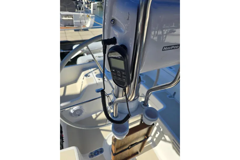 Sail Fourth Yacht Photos Pics Cockpit of 2001 Tartan 3700 sailboat with NavPod and marine radio.