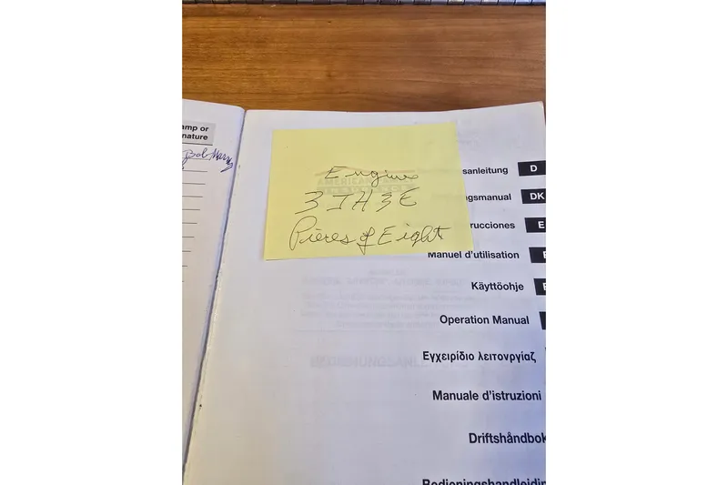 Sail Fourth Yacht Photos Pics Instruction manual with handwritten note on a sticky note, Tartan 3700, 2001 model.