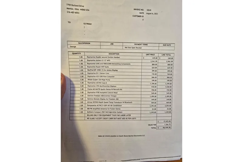 Sail Fourth Yacht Photos Pics Invoice listing marine electronics and equipment with prices, dated August 6, 2023.