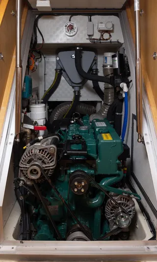 *previous Name Reserved Yacht Photos Pics Engine compartment of 2019 Nautor Swan 48 yacht, showcasing detailed mechanical components.