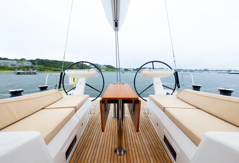 *previous Name Reserved Yacht Photos Pics Nautor Swan 48 yacht deck, dual steering wheels, teak flooring, elegant seating, 2019 model.