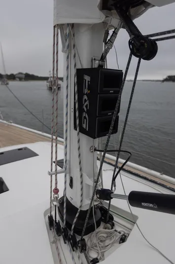 *previous Name Reserved Yacht Photos Pics Mast and rigging of 2019 Nautor Swan 48 sailboat, featuring control lines and winches.