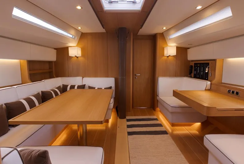 *previous Name Reserved Yacht Photos Pics Luxurious interior of 2019 Nautor Swan 48 yacht with elegant wood finish and modern seating.