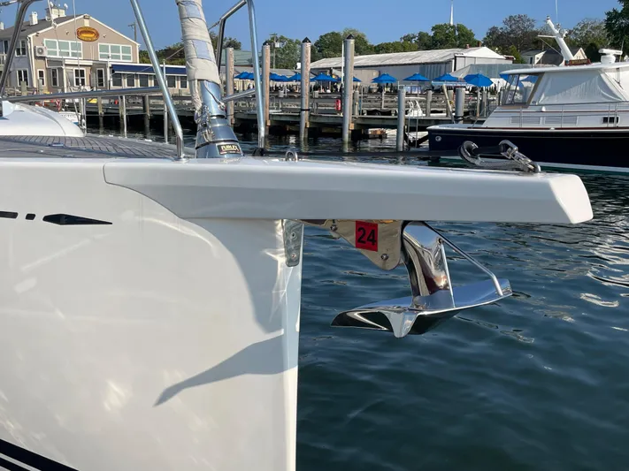*previous Name Reserved Yacht Photos Pics Nautor Swan 48 yacht bow with anchor, docked at marina, 2019 model.