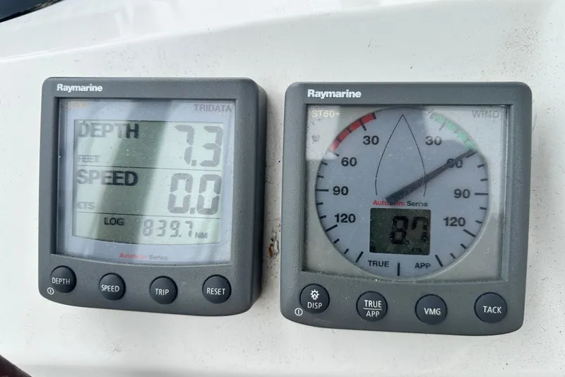  Yacht Photos Pics Raymarine instruments on Jeanneau Sun Odyssey 42 DS, 2007, showing depth and wind data.