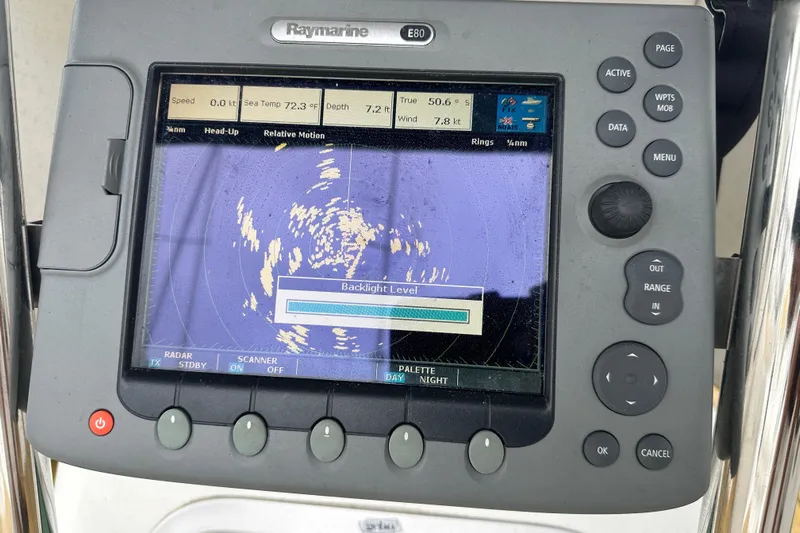  Yacht Photos Pics Raymarine E80 display on 2007 Jeanneau Sun Odyssey 42 DS sailboat, showing radar and navigation data.