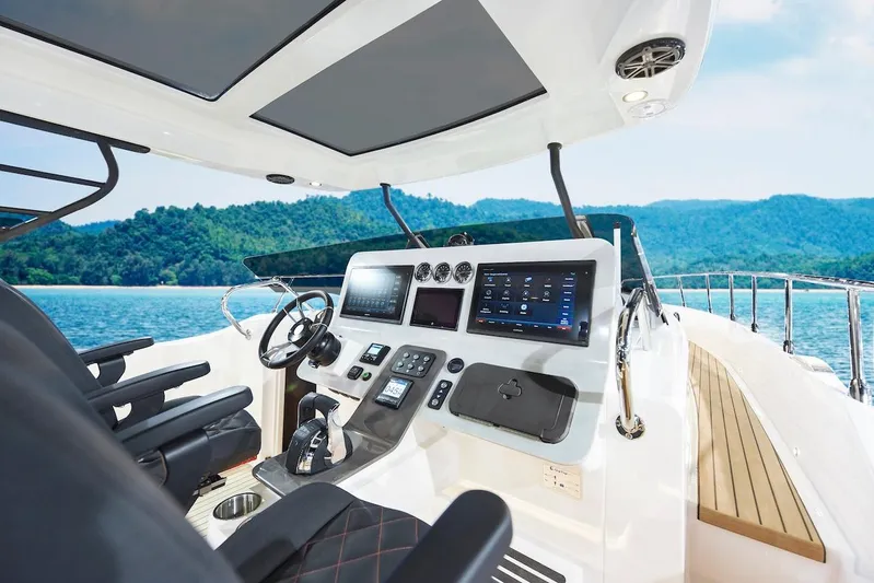 Build To Order Yacht Photos Pics 2024 Oryx 379 yacht cockpit with advanced navigation system and luxurious seating.