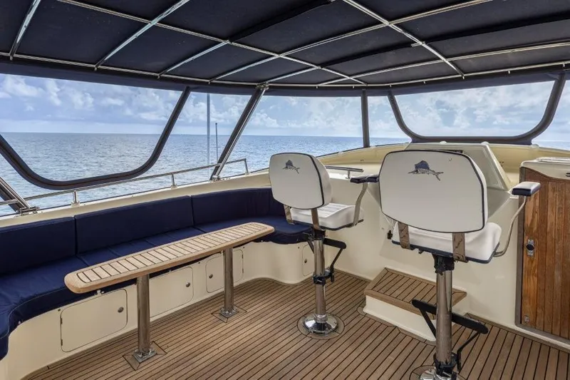 Seabear Yacht Photos Pics Interior of 2006 Amanda 72 Explorer yacht with ocean view and seating area.