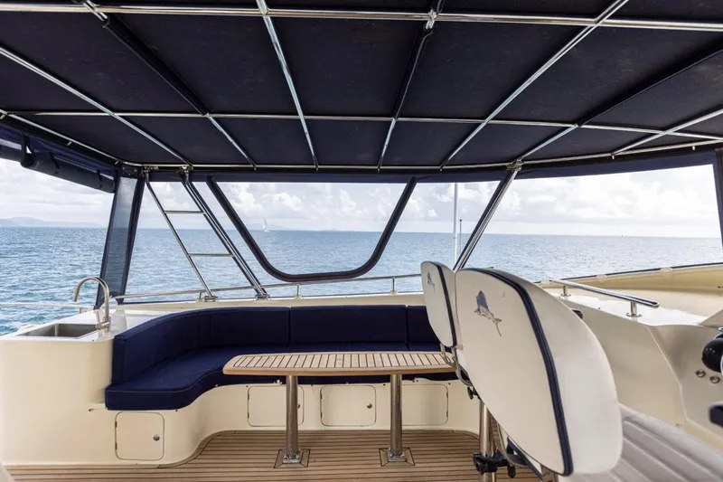 Seabear Yacht Photos Pics Interior view of 2006 Amanda 72 Explorer yacht with ocean backdrop.