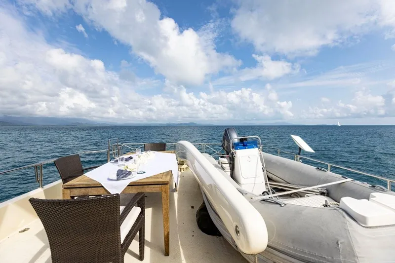 Seabear Yacht Photos Pics Luxury yacht deck with dining setup and inflatable boat, Amanda 72 Explorer, 2006 model.