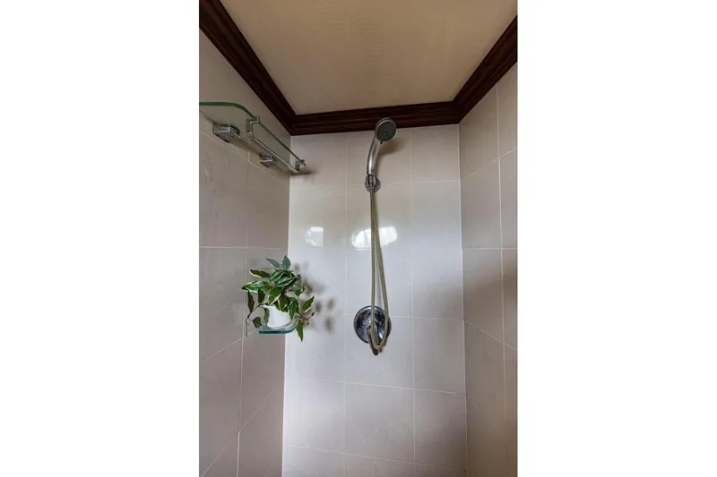 Seabear Yacht Photos Pics Shower with chrome fixtures, potted plant, and tiled walls in a modern bathroom.