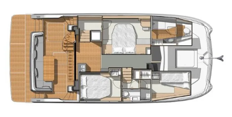  Yacht Photos Pics 2022 Fountaine Pajot MY5 yacht floor plan with three bedrooms and two bathrooms.