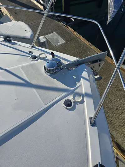 Third Wish Yacht Photos Pics Deck of a 2005 Navigator 44C with anchor and railing.