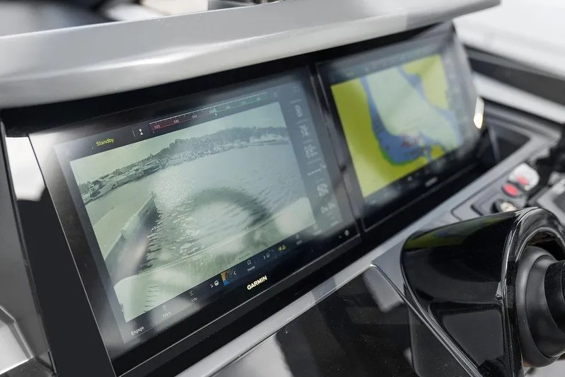 V50330 Yacht Photos Pics 2024 Princess V50 Open yacht dashboard with dual Garmin navigation screens.