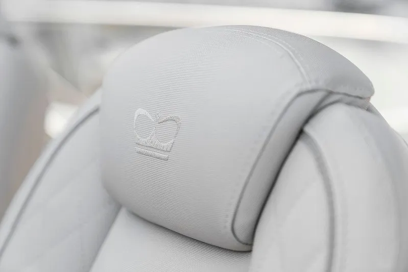 V50330 Yacht Photos Pics Luxurious white leather headrest in 2024 Princess V50 Open yacht.