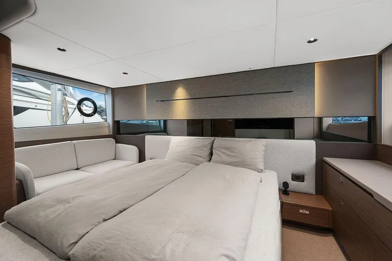 V50330 Yacht Photos Pics Luxurious interior of 2024 Princess V50 Open yacht with modern bedroom design.