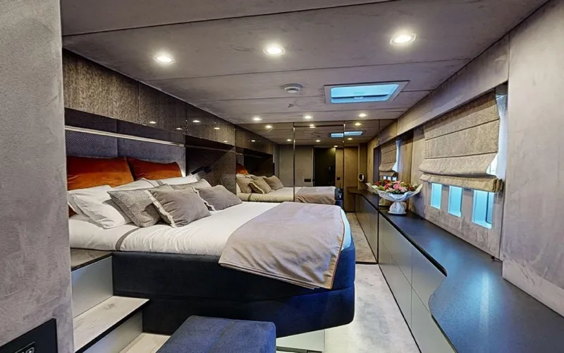 Catallaxi Yacht Photos Pics Luxurious interior of 2024 Sunreef 60 Sail yacht with modern bedroom design.