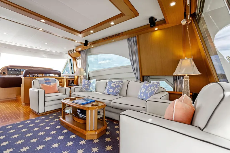 Cetacea Yacht Photos Pics Luxurious 2008 Mochi Craft Dolphin yacht interior with elegant seating and nautical decor.