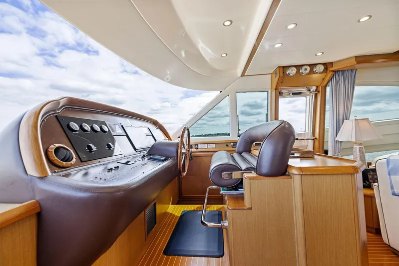 Cetacea Yacht Photos Pics Luxurious 2008 Mochi Craft Dolphin yacht interior with elegant helm and panoramic windows.