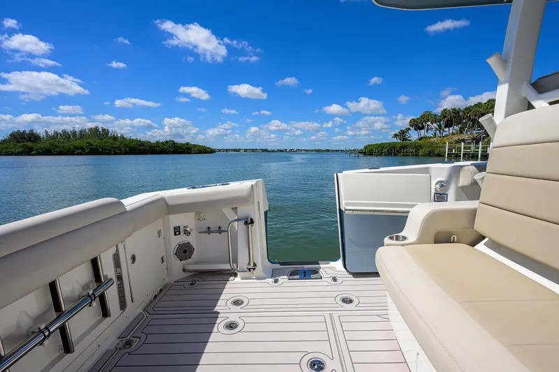 Who's Sippin Yacht Photos Pics Boston Whaler 380 Outrage 2021 boat interior with scenic water view.