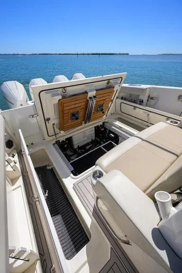 Who's Sippin Yacht Photos Pics Boston Whaler 380 Outrage 2021 boat interior with open storage, ocean view.