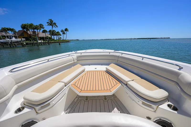 Who's Sippin Yacht Photos Pics 2021 Boston Whaler 380 Outrage boat with spacious seating and ocean view.