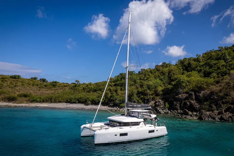 Tide Together Yacht Photos Pics 2023 Lagoon 42 catamaran anchored in clear blue water near a lush, rocky shoreline.