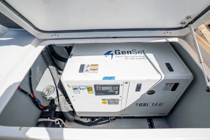 Tide Together Yacht Photos Pics Generator compartment in 2023 Lagoon 42 yacht, featuring a GenSet GSi 14.6 unit.