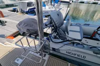 Leopard 50 yacht with Highfield tender docked at marina, 2022 model.