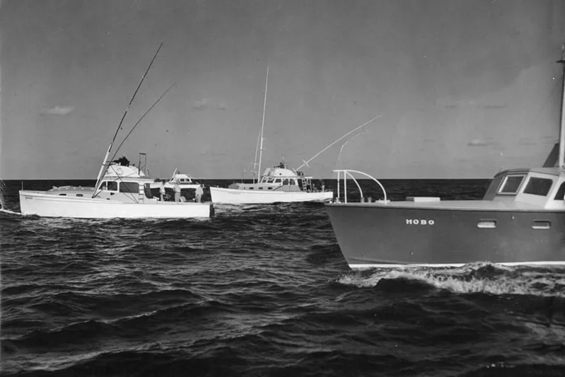 Miss Phebe II Yacht Photos Pics 1971 Whiticar 62 Convertible boats on the ocean, featuring "Hobo" in the foreground.