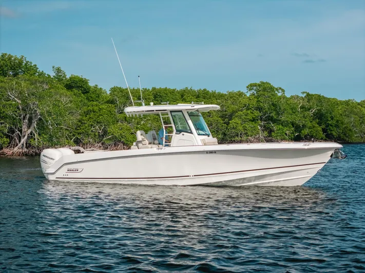 Rock N’ Doc Yacht Photos Pics 2019 Boston Whaler 330 Outrage boat cruising on calm water near lush green shoreline.