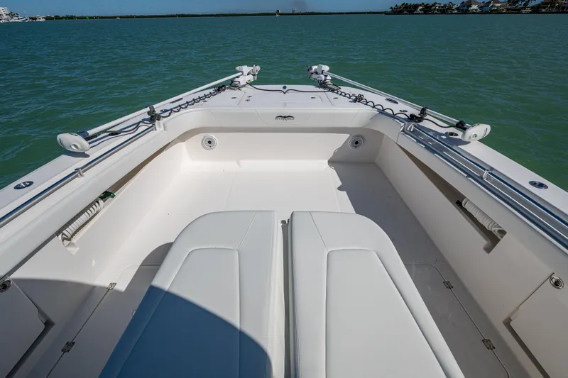 Hoosier Hooker Yacht Photos Pics Invincible 40 Catamaran 2021, spacious deck view on calm waters.