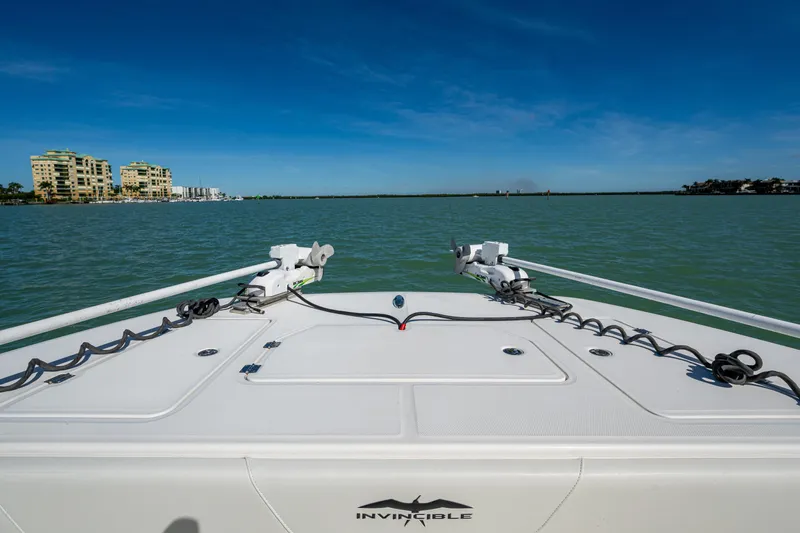 Hoosier Hooker Yacht Photos Pics Invincible 40 Catamaran 2021 on calm waters with coastal buildings in background.