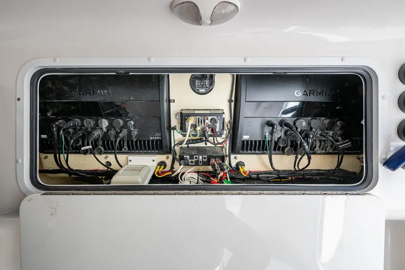 Hoosier Hooker Yacht Photos Pics Electrical panel of 2021 Invincible 40 Catamaran with Garmin equipment and wiring.