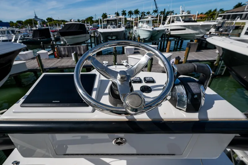 Hoosier Hooker Yacht Photos Pics Helm of 2021 Invincible 40 Catamaran with Garmin display at marina.