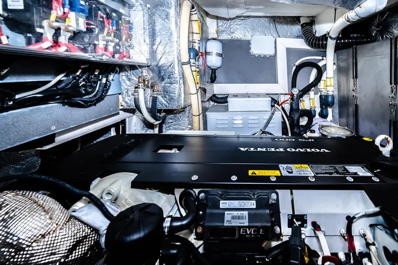 Tara Yacht Photos Pics Engine room of a 2017 Absolute 50 Fly yacht with Volvo Penta engine.