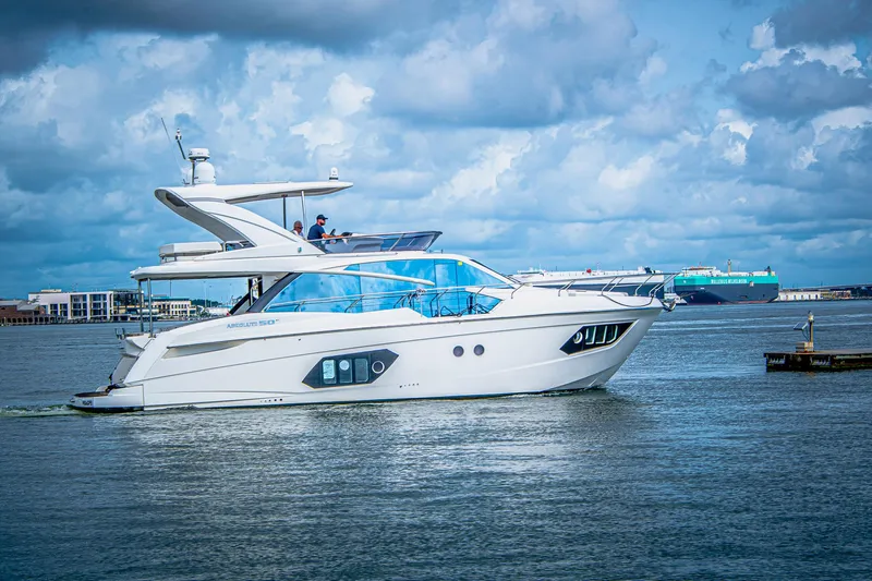 Tara Yacht Photos Pics Luxury Absolute 50 Fly yacht cruising on a calm sea, 2017 model.