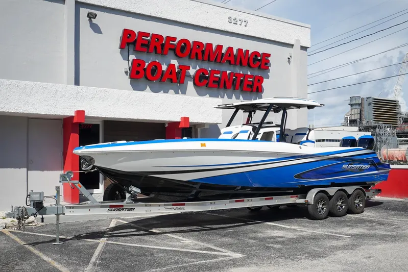 Never Enough Yacht Photos Pics 2023 Sunsation 32 CCX boat on trailer at Performance Boat Center.
