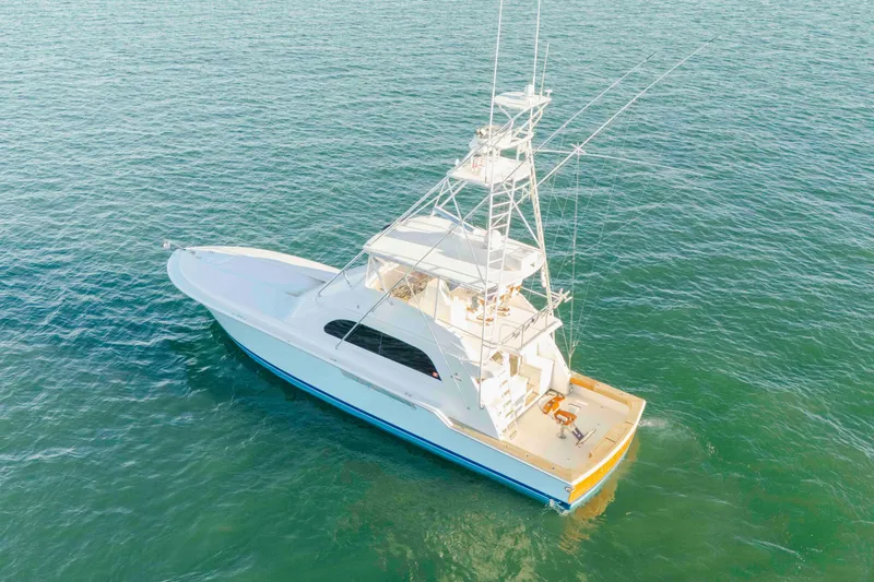 Lady Dianne Yacht Photos Pics Aerial view of 1999 Bertram 60 Convertible yacht on open water.