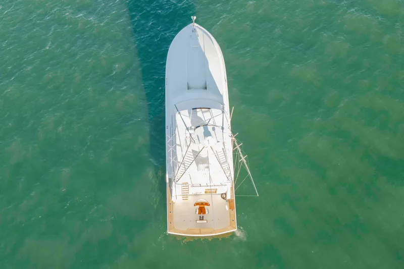 Lady Dianne Yacht Photos Pics Aerial view of 1999 Bertram 60 Convertible yacht cruising in clear green waters.