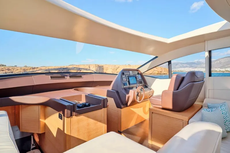 Nickel Yacht Photos Pics Luxurious interior of 2008 Pershing 64 yacht with modern helm and panoramic views.