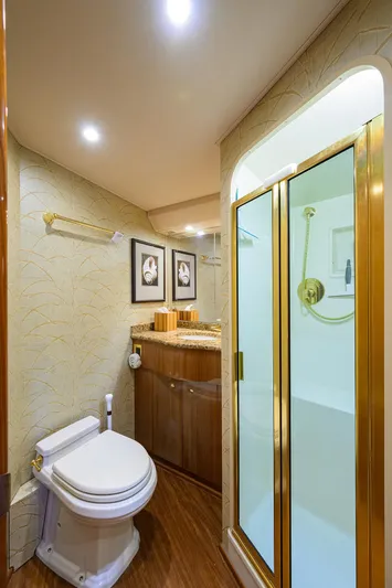  Yacht Photos Pics Luxurious bathroom in 2008 Viking 56 Enclosed Bridge yacht with shower and elegant fixtures.