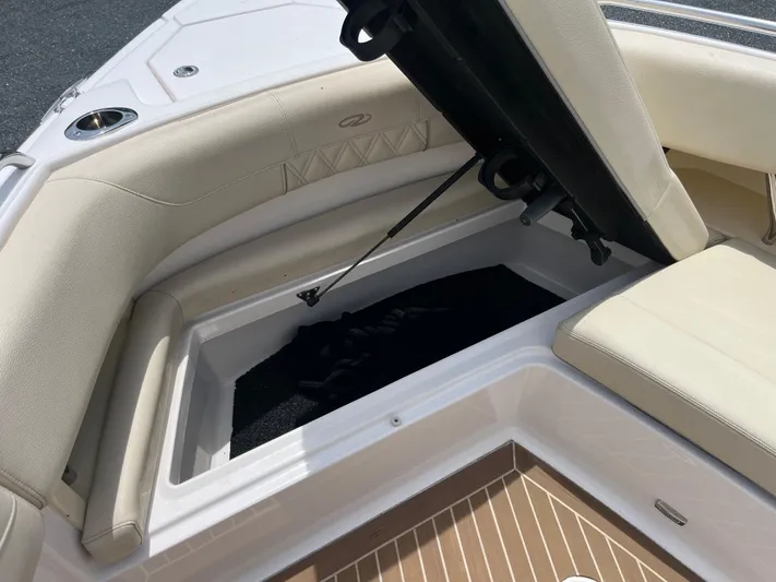  Yacht Photos Pics 2019 Regal 33 SAV boat with open storage compartment and beige seating.