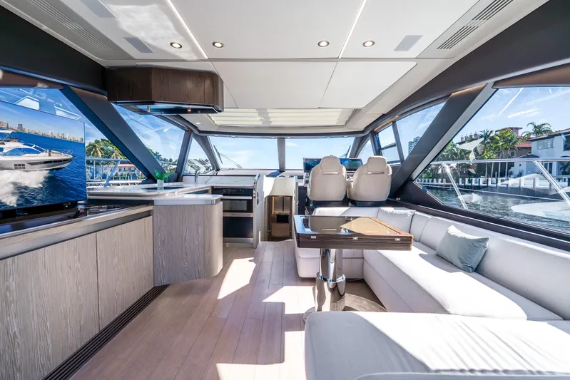 Azure Yacht Photos Pics Luxurious interior of 2021 Azimut S6 yacht with modern design and panoramic windows.