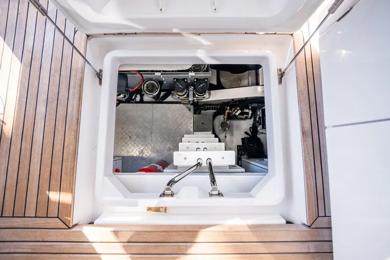 Azure Yacht Photos Pics Engine compartment of 2021 Azimut S6 yacht with visible mechanical components.