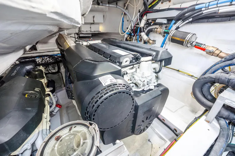 Azure Yacht Photos Pics Engine room of 2021 Azimut S6 yacht, showcasing advanced machinery and wiring.