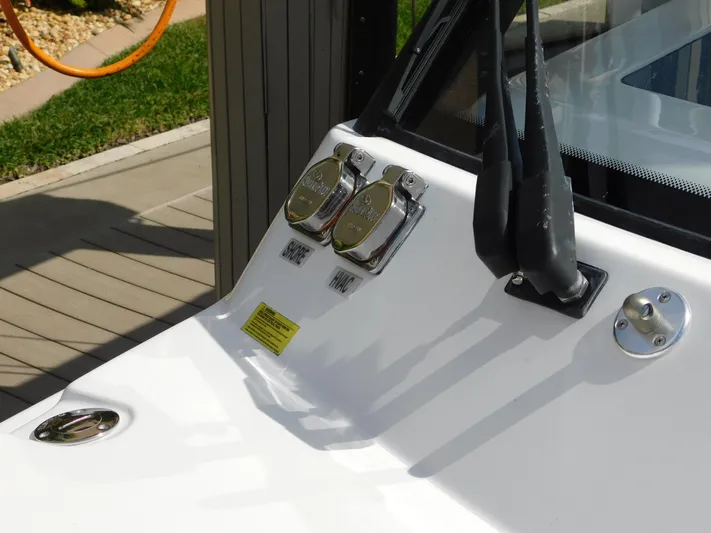 Out To Lunch Yacht Photos Pics Close-up of 2019 Everglades 340 DC boat's deck fittings and windshield wipers.